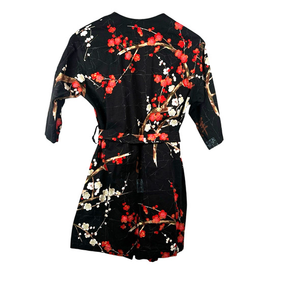 Black Japanese Cherry Blossom Print Short Robe With Belt Size Small/Medium - Picture 7 of 11